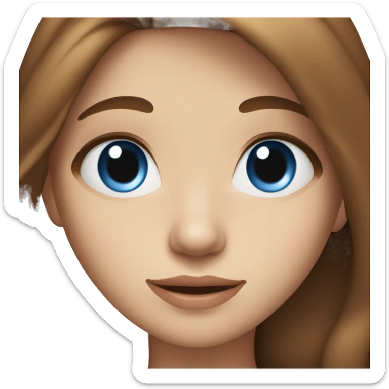 girl with long brown hair, fair skin, blue eyes and red mouth sticker