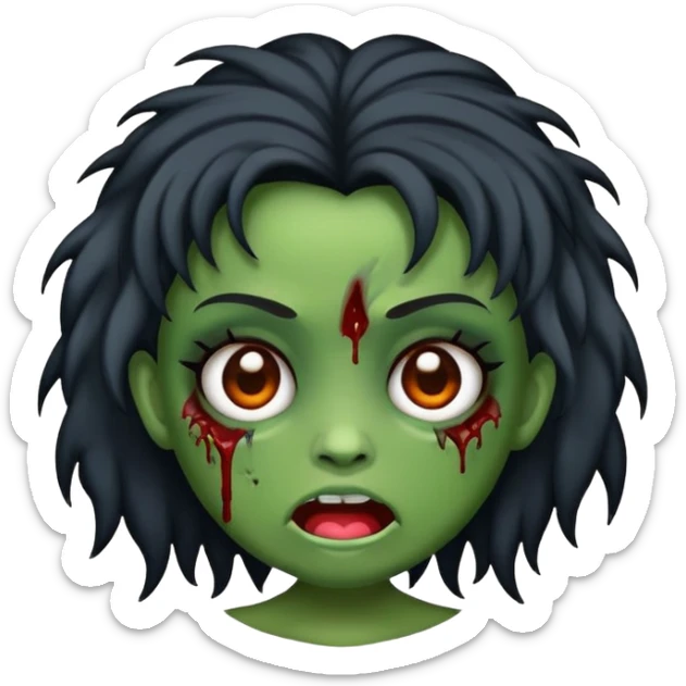 Faca um emoji de zumbi estilo iphone de uma menina de cabelo preto com franjinha sticker