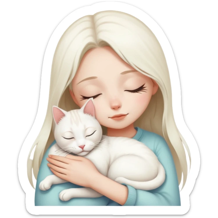 a closing eyes girl hugs a white jinjila cat,the cat’s eyes are open sticker