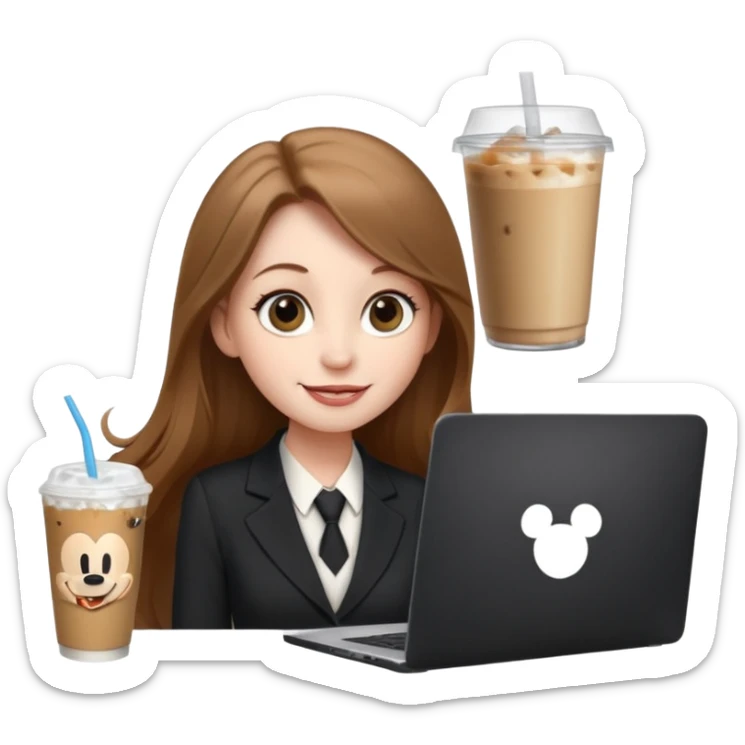 Women in front of laptop has a Mickey sticker, with a happy face, face a little fuller, long light brown hair, light brown big eyes, light pale skin with a iced coffee on the side, business attire sticker