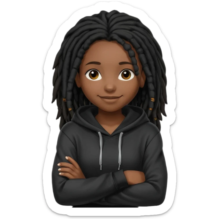 African American dark skin girl with shoulder length black dreadlocks wearing a plain black hoodie with arms folded sticker
