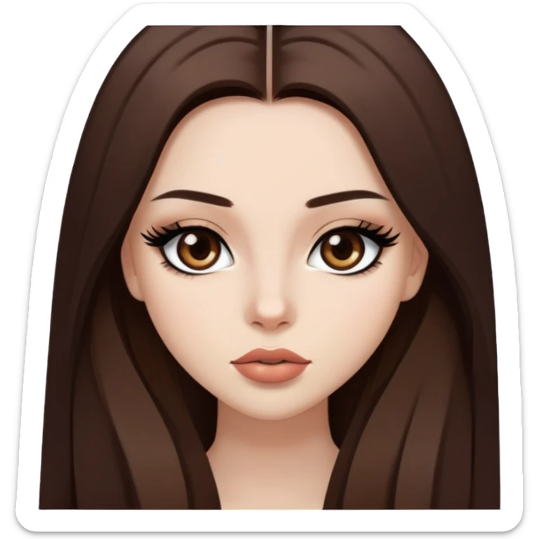 pretty baddie, brown straight hair, cute lips, pale skin, long hair, dark brown eyes, bold black eyeliner sticker