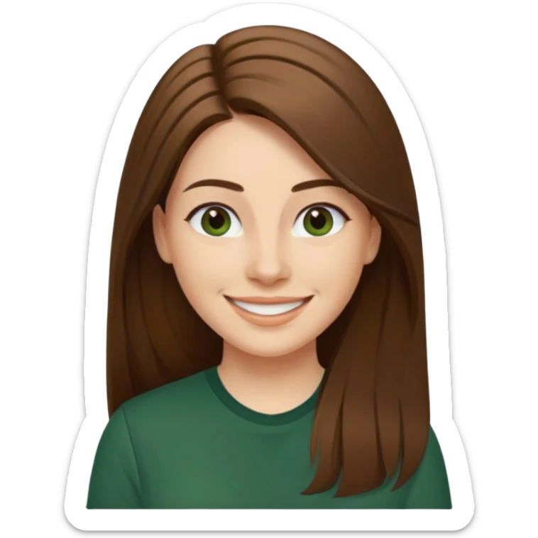 30 yr Caucasian woman long brown straight hair parted on side dark green shirt big smile sticker