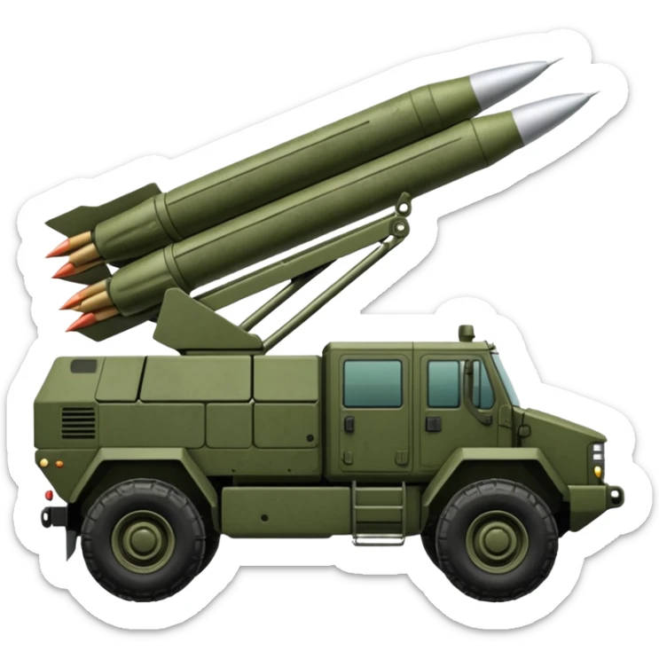 HIMARS military vehicle emoji, side view, very similar to real, six rocket tubes, military green, recognizable details sticker