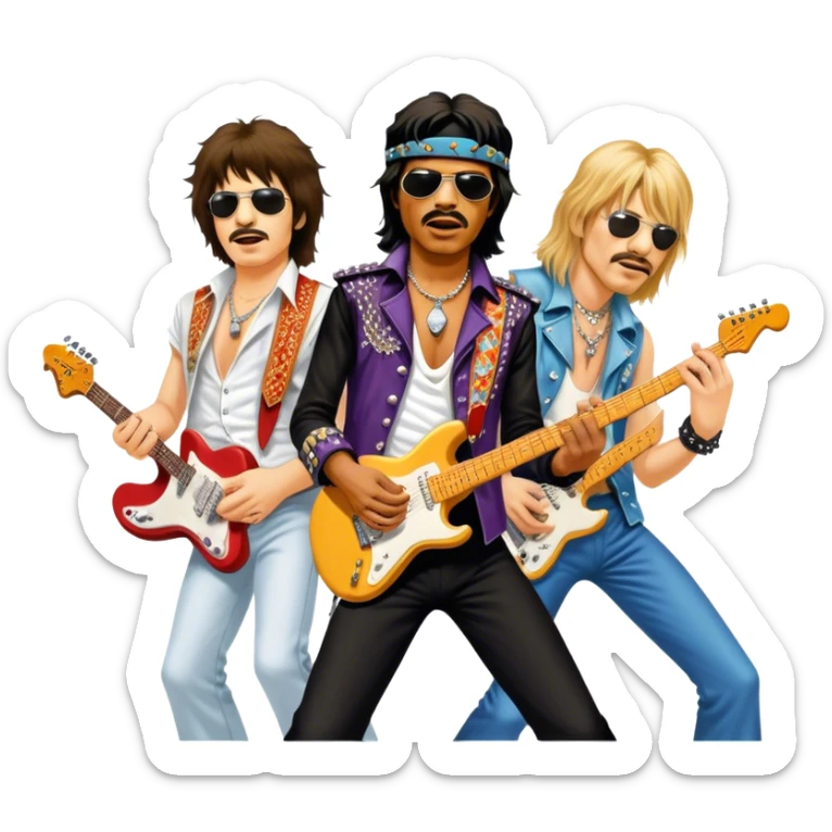 Icon for Rock Music: collage of iconic rock musicians—Klaus Meine, Jimi Hendrix, Kurt Cobain, Freddie Mercury, and Ozzy Osbourne—playing electric guitars and singing on stage. Capturing the powerful energy and rebellious spirit of rock. Transparent background. sticker