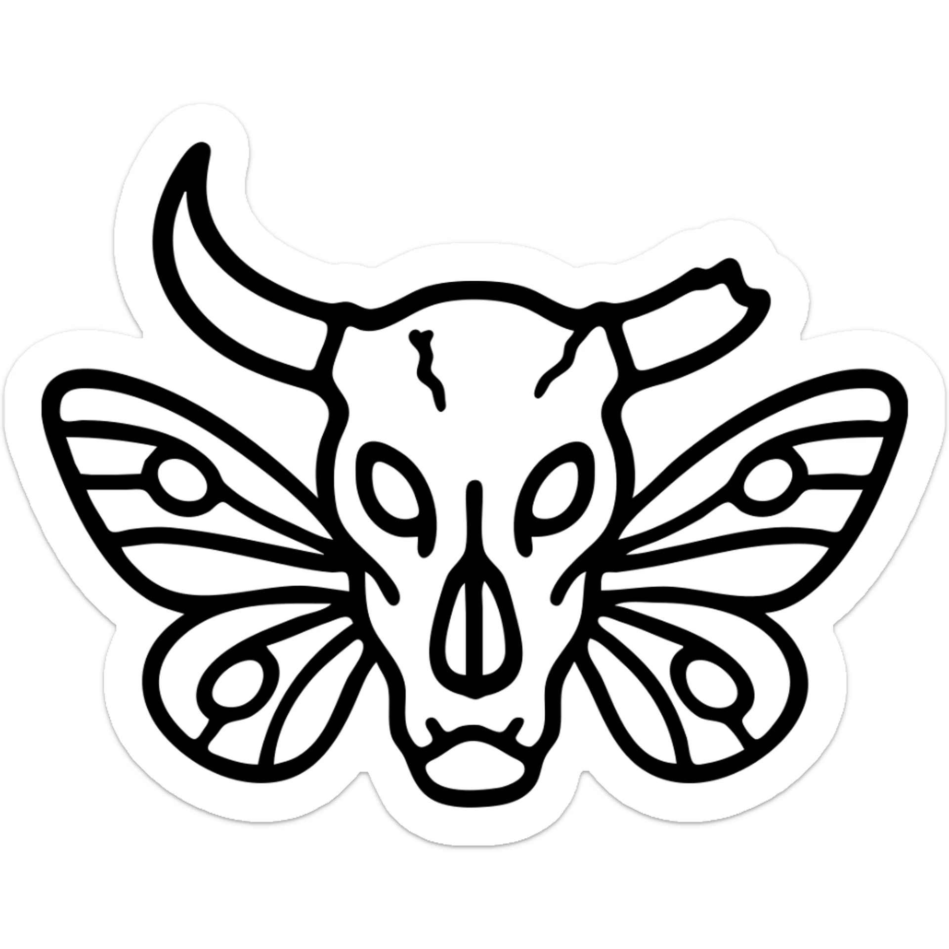 a terrifying minimal red line art of just a head (no body) combining minotaur skull with broken horn, stoat features, frog mouth, with moth wings sprouting directly from the skull, transparent hollow center, distressed appearance with deliberately missing sections, worn texture, sparse red lines only sticker