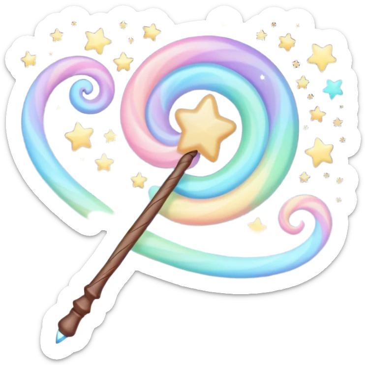 Cinematic cute magical wand, pastel swirls of color, tiny twinkling stars floating around, glowing softly, chubby rounded edges, whimsical and dreamy. sticker