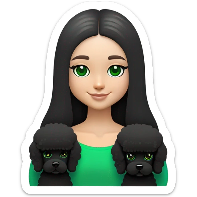girl with long straight brunette hair and green eyes with black little poodle sticker