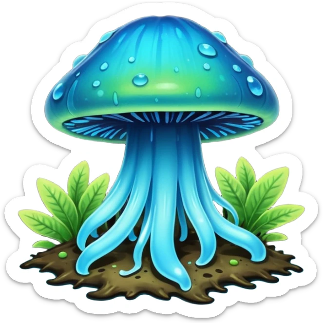 Colorful iridescent cyan and blue and neon green bioluminescent shiny glowing ET gooey shroomy plenty icky sticky muddy swampy spore flower ecosystem environment  sticker