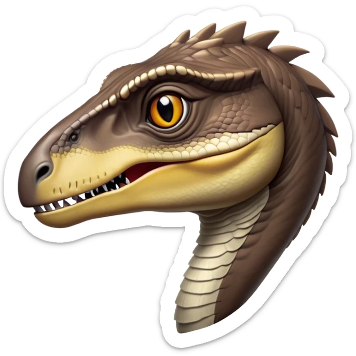 Cinematic Noble Velociraptor Portrait Emoji, Poised and agile, with a slender, streamlined build, sharp, cunning eyes, and a sleek snout hinting at predatory precision, Simplified yet sharply defined features, highly detailed, glowing with a cool, dynamic radiance, high shine, intelligent and swift, stylized with an air of agile prehistoric grace, focused and alert, soft glowing outline, capturing the essence of a watchful and confident Velociraptor that appears ready to dash out of the screen with effortless speed! sticker