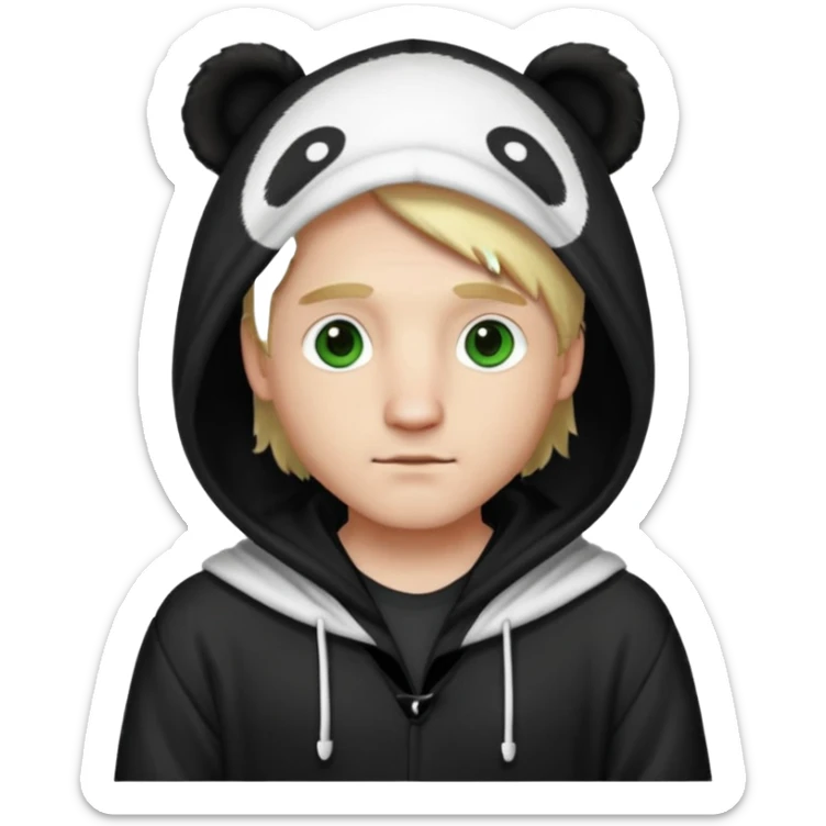 A white man with green eyes, medium-length blond hair, wearing a panda hoodie and black pajama-like robes. sticker