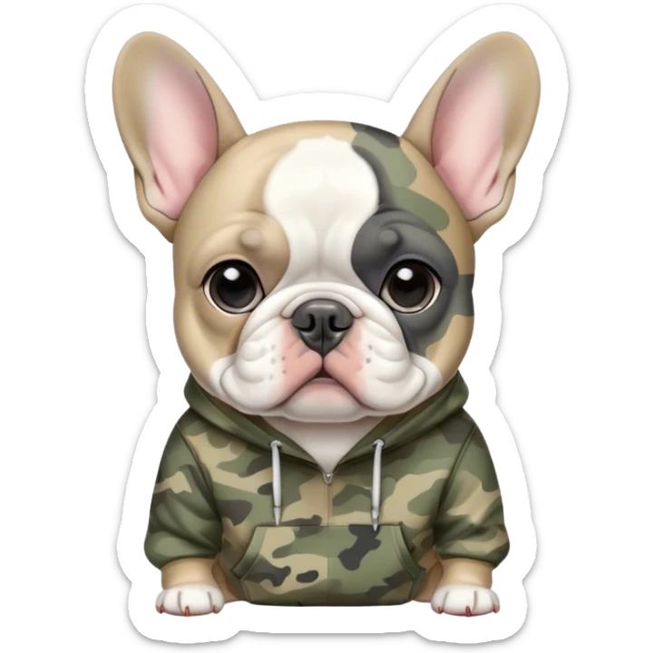Grey and white French bulldog with camo hoodie on sticker