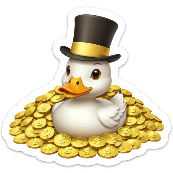 Duck character in top hat swimming in pile of gold coins and money bags sticker