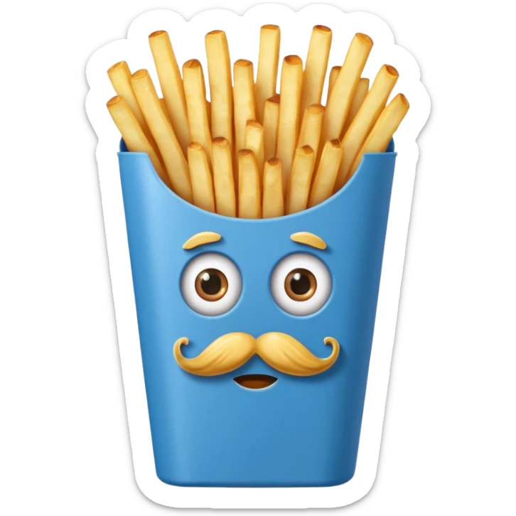 long slim crispy fries in a blue carton, carton has eyes and mustache sticker
