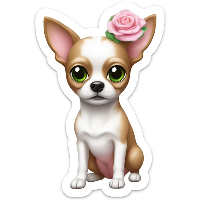 Un chihuahua blanc avec un noeud rose qui fait un câlin à sa maîtresse brune au yeux vert avec le teint pale  sticker