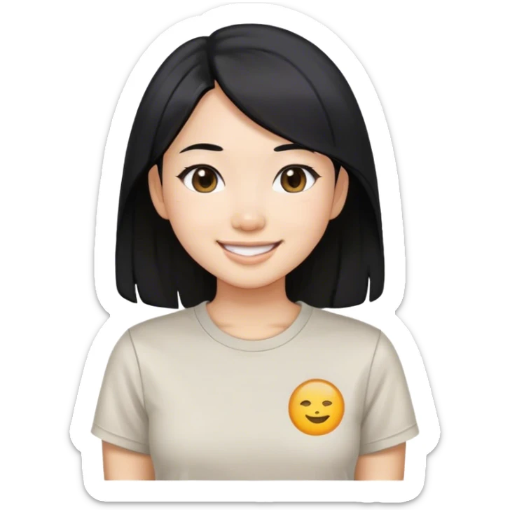 an asian girl with straight black hair, slight waves, smiling, wearing tshirt sticker
