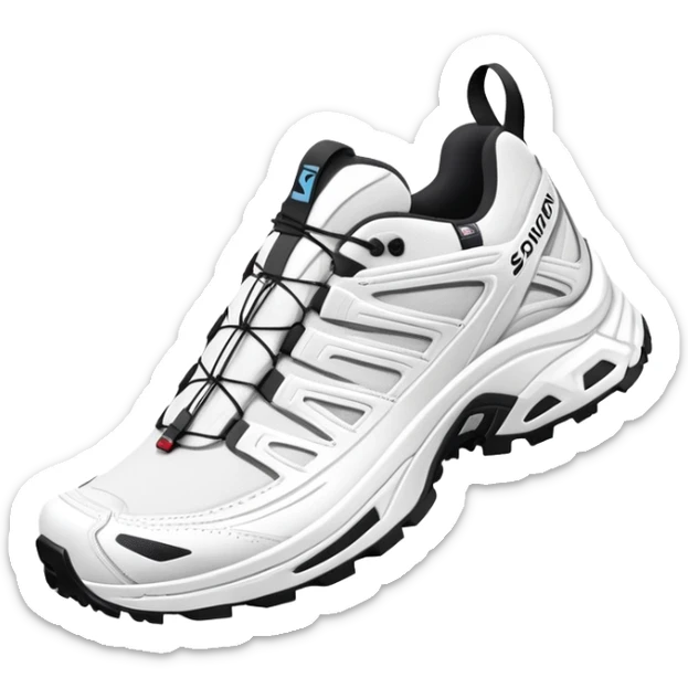 Salomon XT-6 white sneakers with Gore-Tex, one shoe positioned behind the other sticker