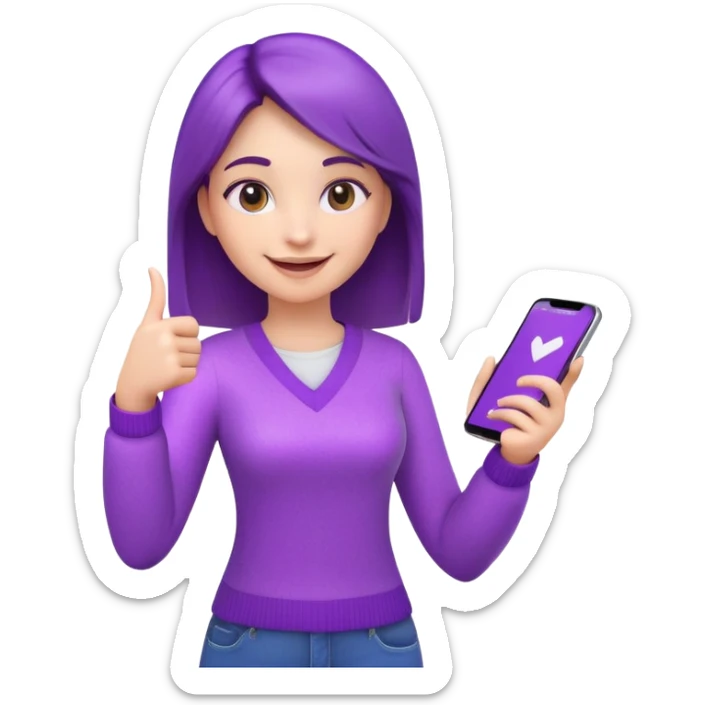 3D emoji of a cheerful young woman in casual clothes holding a phone and pointing at a checklist, sparkles around, purple theme, for a home service app sticker