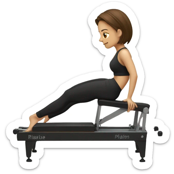 A girl with brown hair and a black sport set exercise on a Pilates reformer  sticker