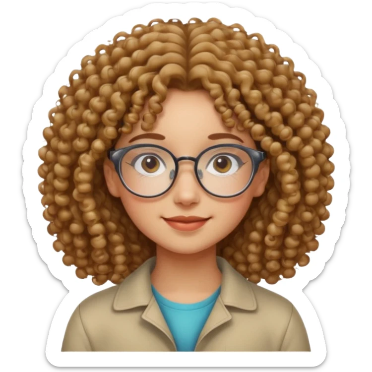 Curly-haired girl with clear glasses, a gentle smile, and a calm energy. sticker