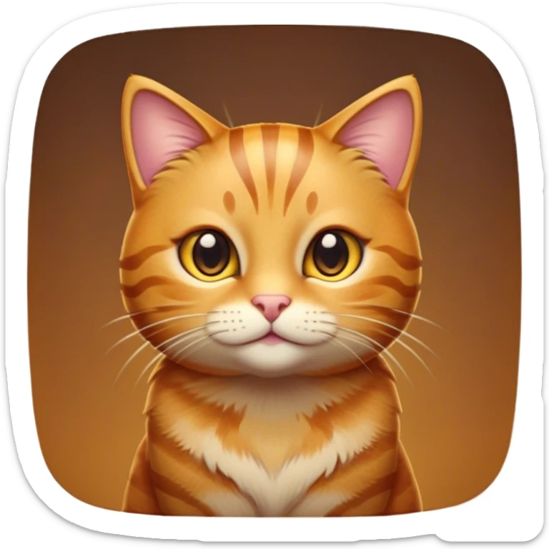 Cinematic Cute Ginger Tabby Cat Portrait Emoji, Round and plump body, soft orange-brown fur with dark tabby stripes, big, sparkling amber eyes, Simplified yet irresistibly adorable features, highly detailed, glowing with a warm, cozy glow, high shine, curious yet calm, stylized with a touch of whimsy, bright and endearing, soft glowing outline, capturing the essence of a mischievous yet lazy and lovable kitty, so cuddly it feels like it could waddle right out of the screen for a snuggle! sticker