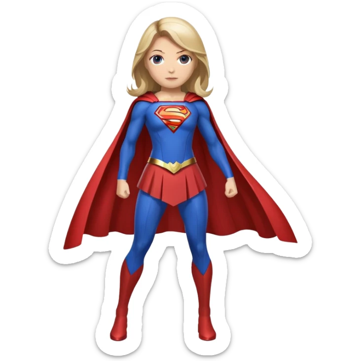 Supergirl superhero full body, blue suit with red cape and S emblem sticker