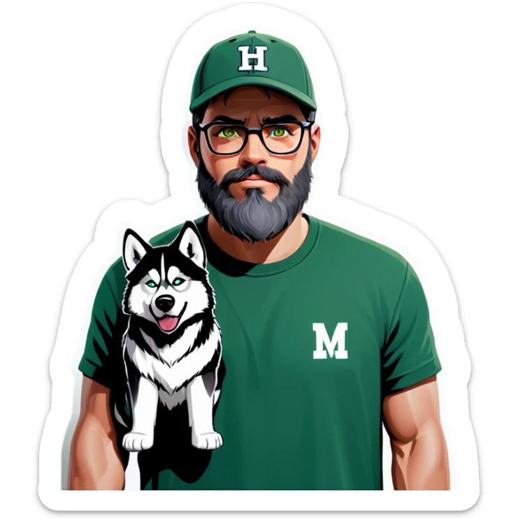 A bold man with a grey baseball cap, green eyes, big beard and glasses next to a husky dog sticker