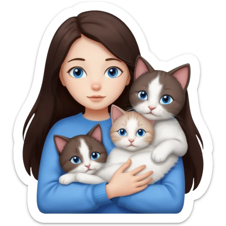 a girl with long dark 
brown hair, with blue eyes, in a
white sweater, hugs 3 different natural coloured cats sticker