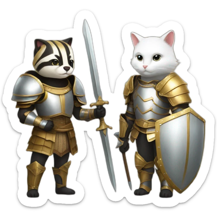 a badger with a lether armour, and a white female cat with a golden armour sticker
