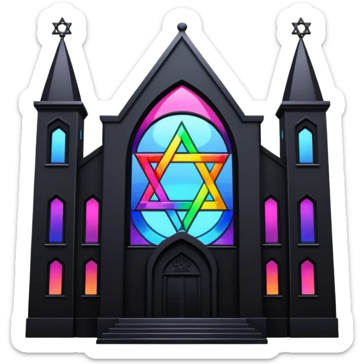 jewish synagogue temple in dark goth aesthetic style with black building and rainbow tint glass windows and star of david sticker
