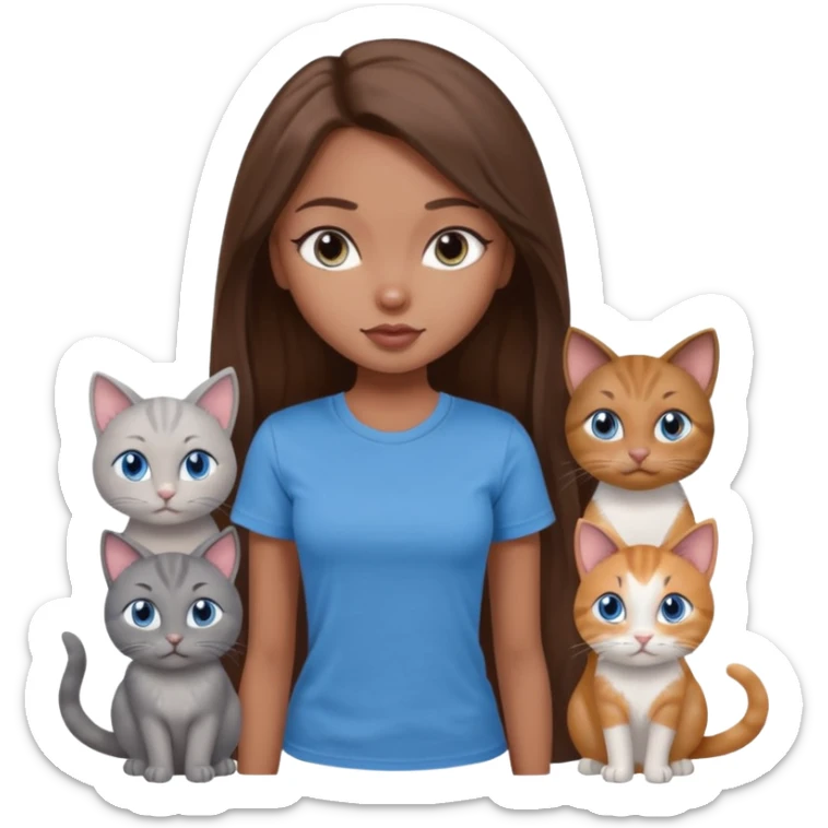 a pretty bratz dusky girl with long brown hair, blue eyes with six cats nd wearing a grey tshirt sticker
