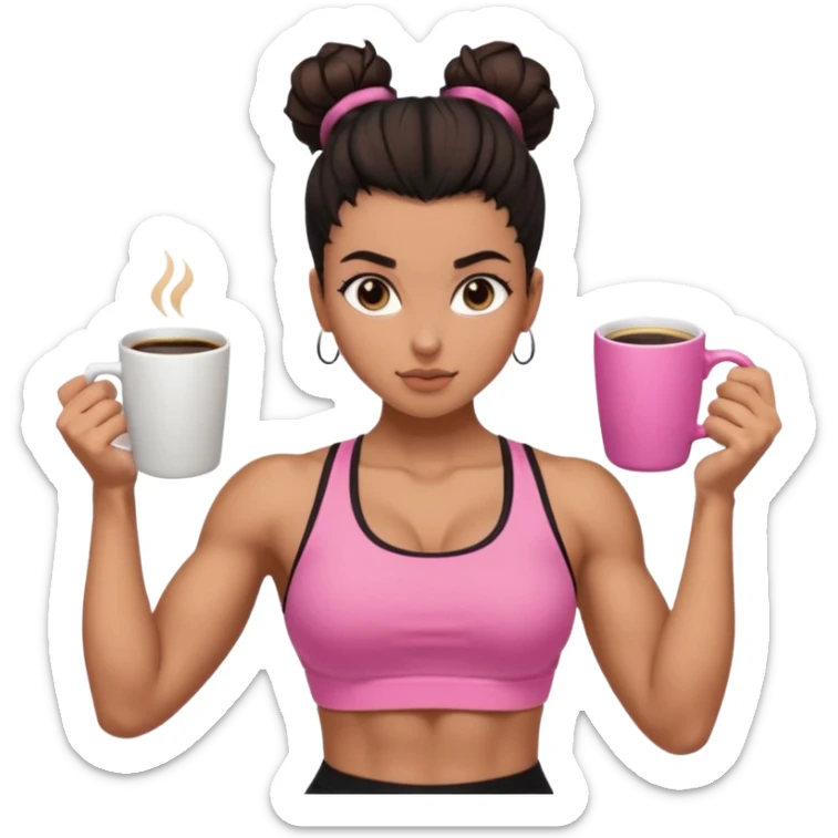 Caramel skinned toned female with a black messy bun for hair. Her eyes are a coffee color brown and almond shaped. She’s wearing a pink sports bra and showing off her flexed muscular toned biceps. sticker
