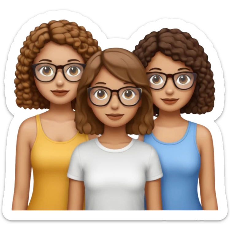 three girls, two with straight shoulder-length light brown hair and tan skin, one with short curly dark hair, wearing transparent glasses, emoji style sticker
