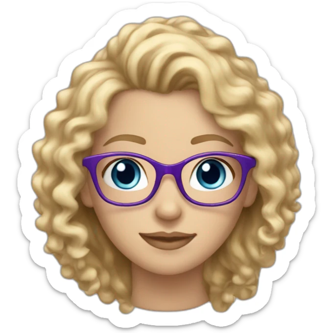 caucasian curly blonde long haired blue eyed woman with purple t-shirt and black glasses sticker