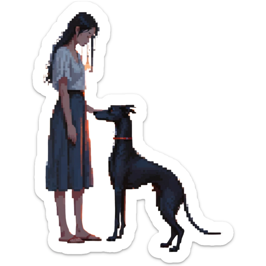 A very beautiful and attractive 25-year-old Japanese woman with long flowing black hair gently petting a SOLID DARK GREY whippet on a beach during a beautiful sunset. The woman's hand is lovingly stroking the whippet. The whippet MUST be COMPLETELY SOLID DARK GREY with ABSOLUTELY NO WHITE MARKINGS ANYWHERE - no white chest, no white face, no white paws, no white tip on tail - ENTIRELY ONE SOLID DARK GREY COLOR throughout the entire dog. Orange and red sunset sky over the ocean, sandy beach in the foreground. sticker