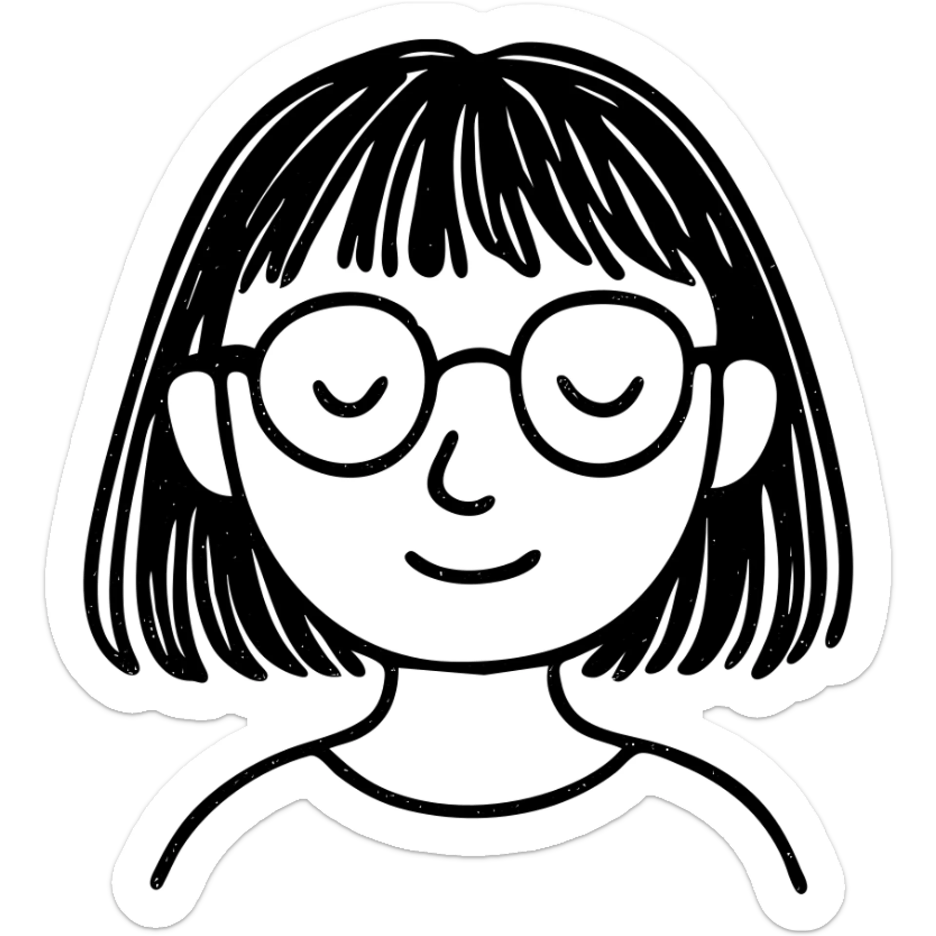 mujer con pelo negro, flequillo y gafas dibujo a mano icono sticker