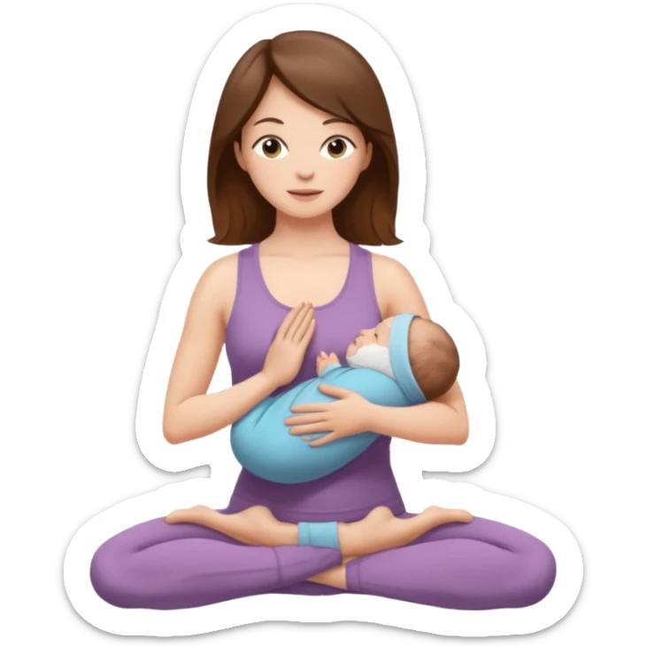 "Pregnant woman sitting in a yoga pose with long brown hair and fair skin, holding a newborn baby (no pregnant) with short brown hair and fair skin." sticker