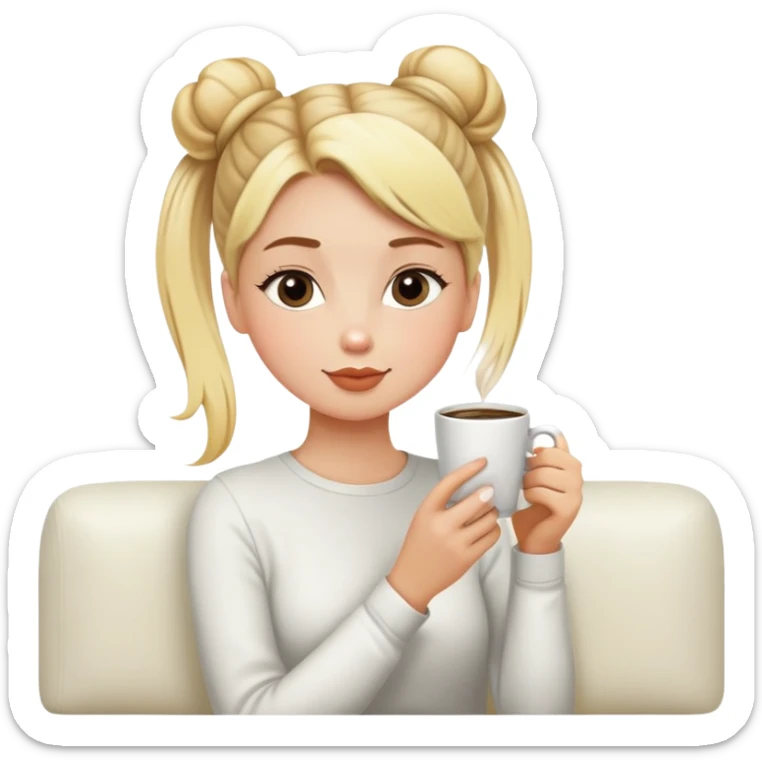 girl with blonde hair in a bun sipping coffee on white couch sticker