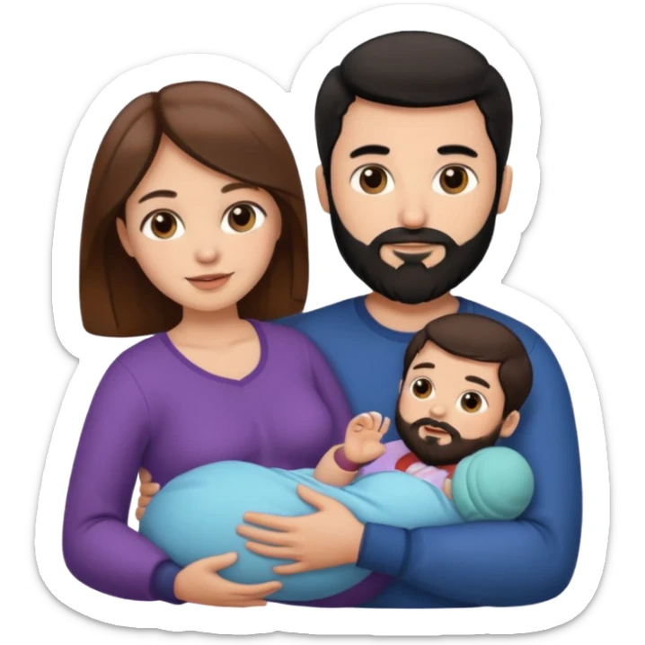 Una mujer con pelo castaño y ojos marrones y un hombre con pelo negro y barba y un solo bebe sticker