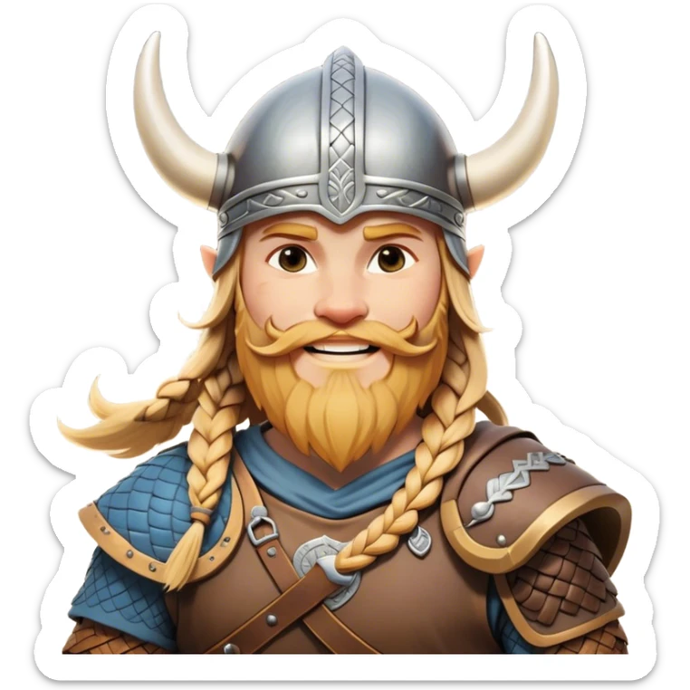 Clash of Clans aesthetic: Cinematic Cheerful Viking Portrait Emoji, With a bright, confident smile and a relaxed, adventurous stance, showcasing a stylized, spirited build with a classic Viking helmet and braided hair, his natural skin tone lending authenticity, Simplified yet expressive features, highly detailed, glowing with a soft, golden Nordic radiance, high shine, upbeat and courageous, stylized with an air of classic Viking heroism, soft glowing outline, capturing the essence of a cheerful Viking ready to embark on legendary quests! sticker