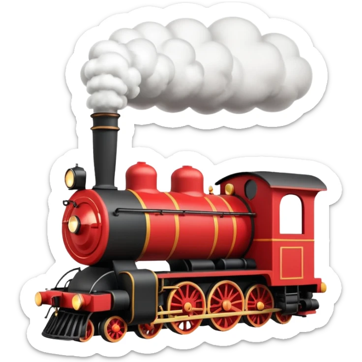 A 3D cartoon classic steam locomotive with a chimney releasing smoke, red and black body, bright sky background, Memoji-style rendering. sticker