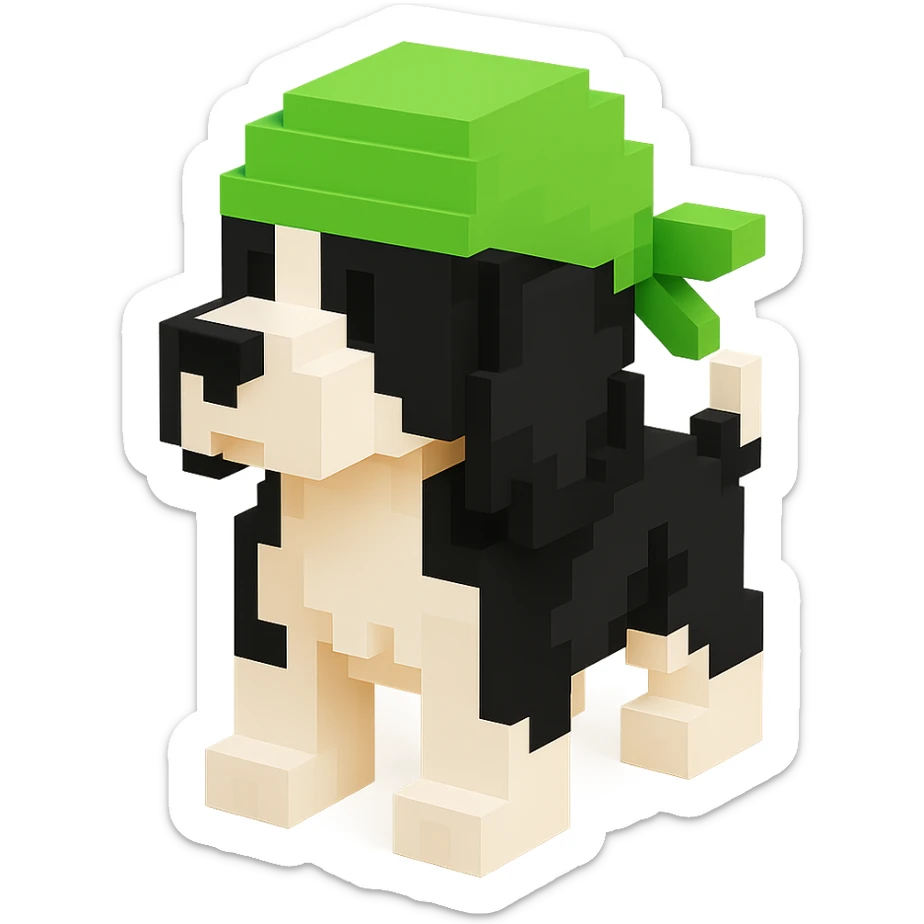 A black and white Russian Cocker Spaniel puppy wearing a green durag, facing left sticker