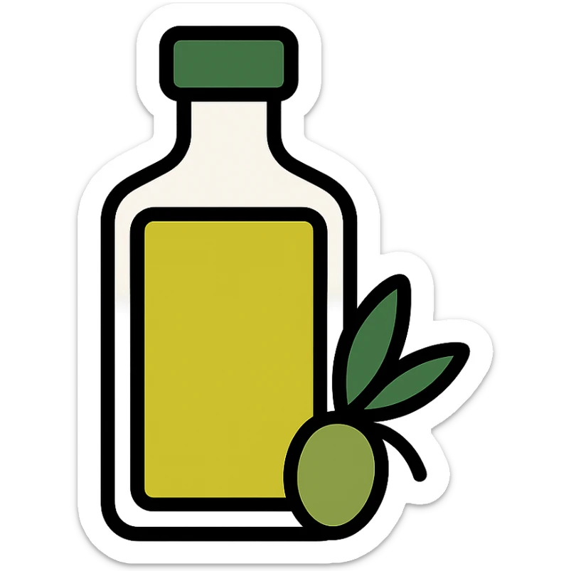 minimalist icon of olive oil bottle, flat design, green and yellow sticker