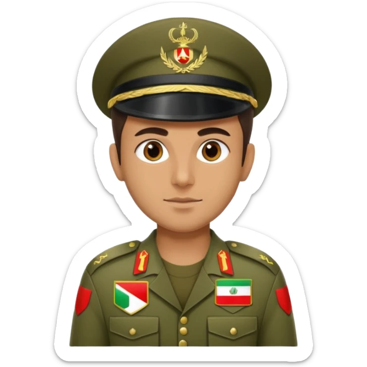Portrait of an Iranian soldier with an Iranian flag chevron on his shoulder and chest sticker