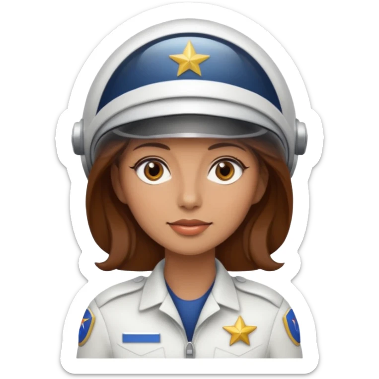 woman with brown hair and brown eyes.  space ship captain with white hat sticker