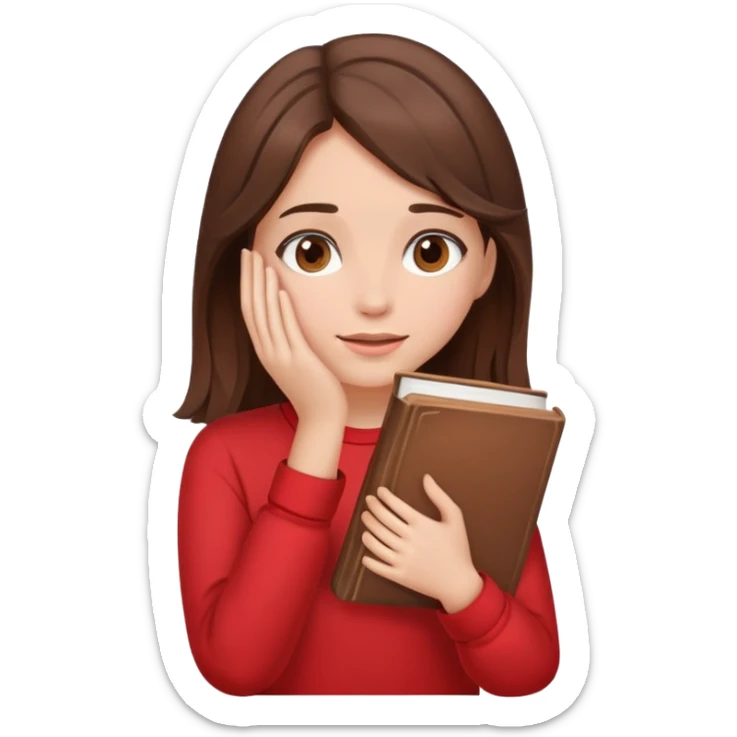 brunette girl with brown hair wearing red clothes covering her face with her hand and book sticker