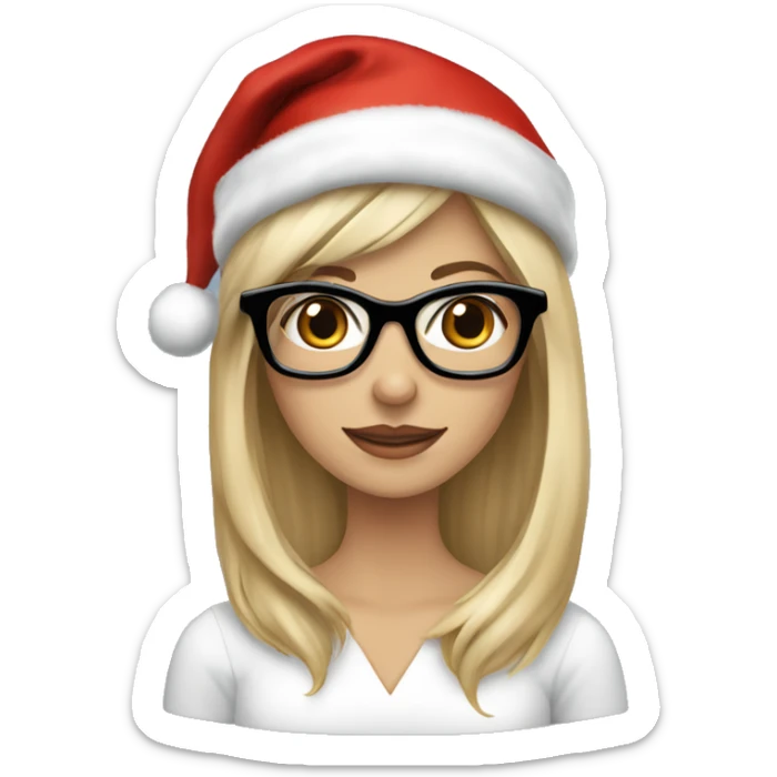 Beautiful white woman, long blonde hair and black glasses wearing a red santa hat holding Yorkshire terrier sticker
