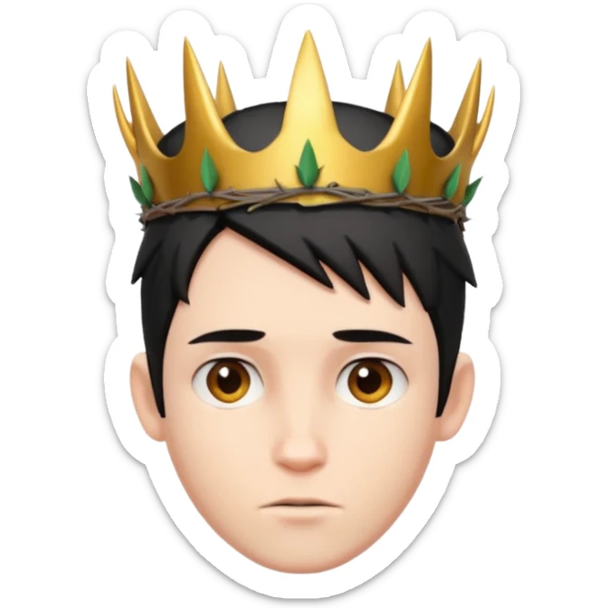 White boy with black short straight hair, has a horns on his forehead and wearing a crown of thorns sticker