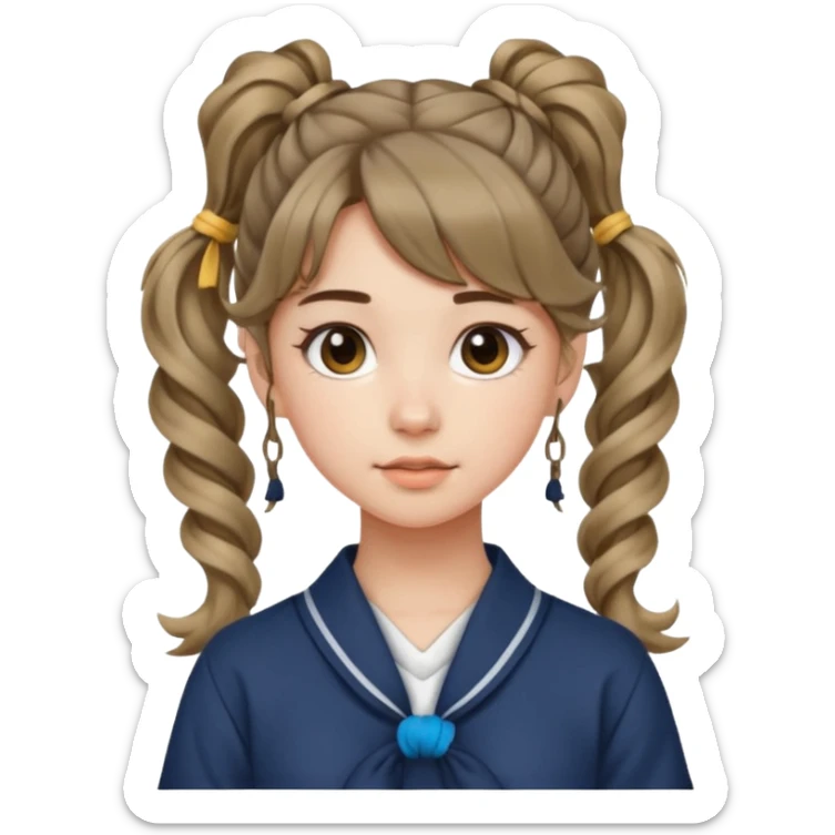 Teenage girl, wearing a cute and aesthetic outfit, with her hair tied up in a high ponytail, and with side bangs also front bangs, her hair wavy sticker