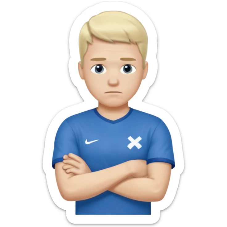 Pale blond man in blue football t shirt crossed arms (he is cold trembling ) sticker
